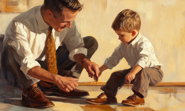 Le scarpe di papà — e il ragazzo che cerca di infilarcele Le scarpe di papà — e il ragazzo che cerca di infilarcele